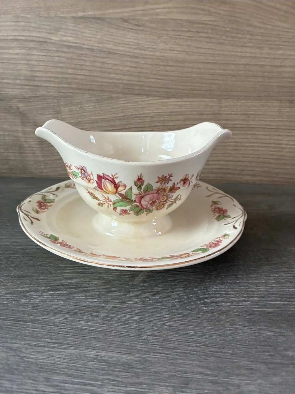 Crown Potteries Co. Floral Gravy Boat with attached Underplate Made in USA